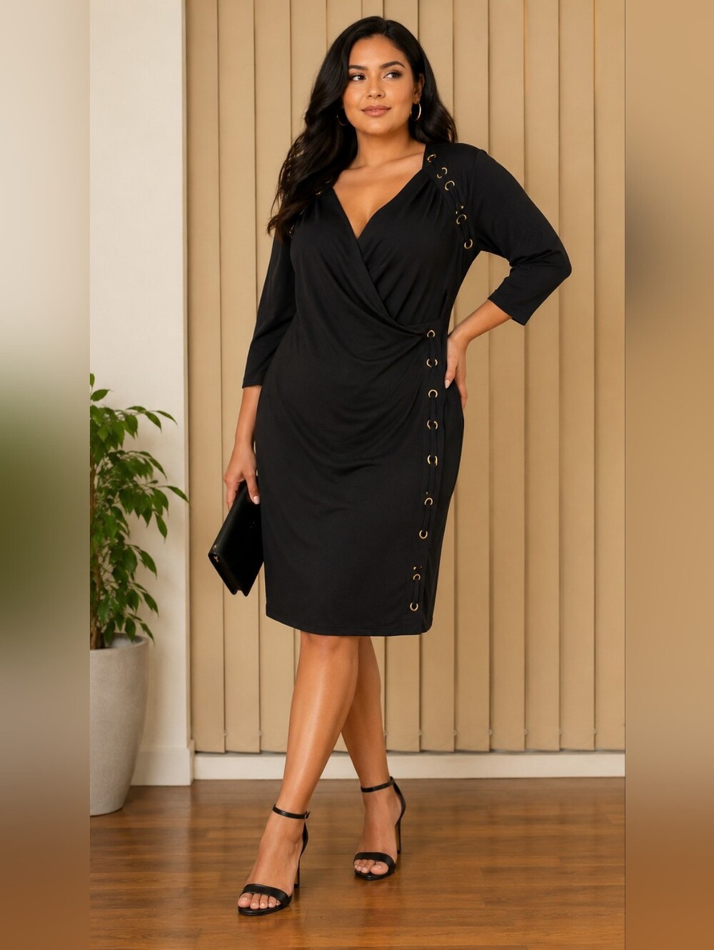 Joseph Ribkoff Black Wrap Dress Gold Grommet Detail 3/4 Sleeve Midi Dress